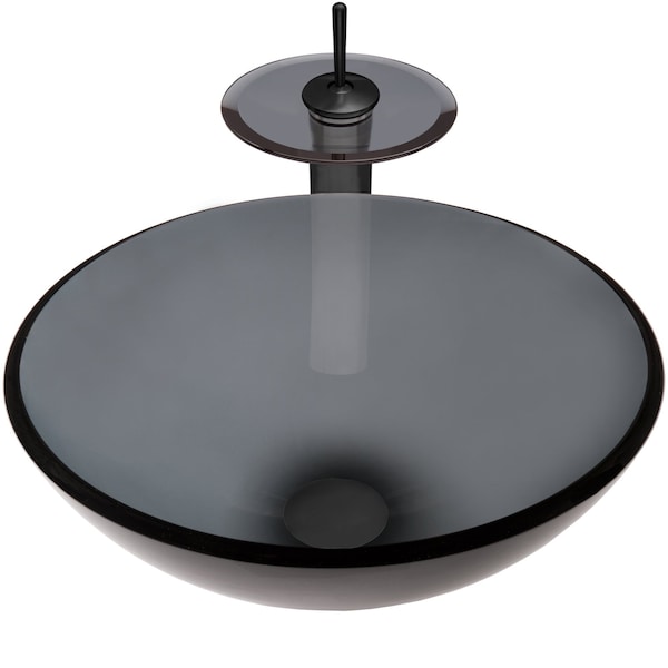 Novatto Clear Grey Glass Vessel Bath Sink and Faucet Set, Matte Black NSFC-168G001MB - main